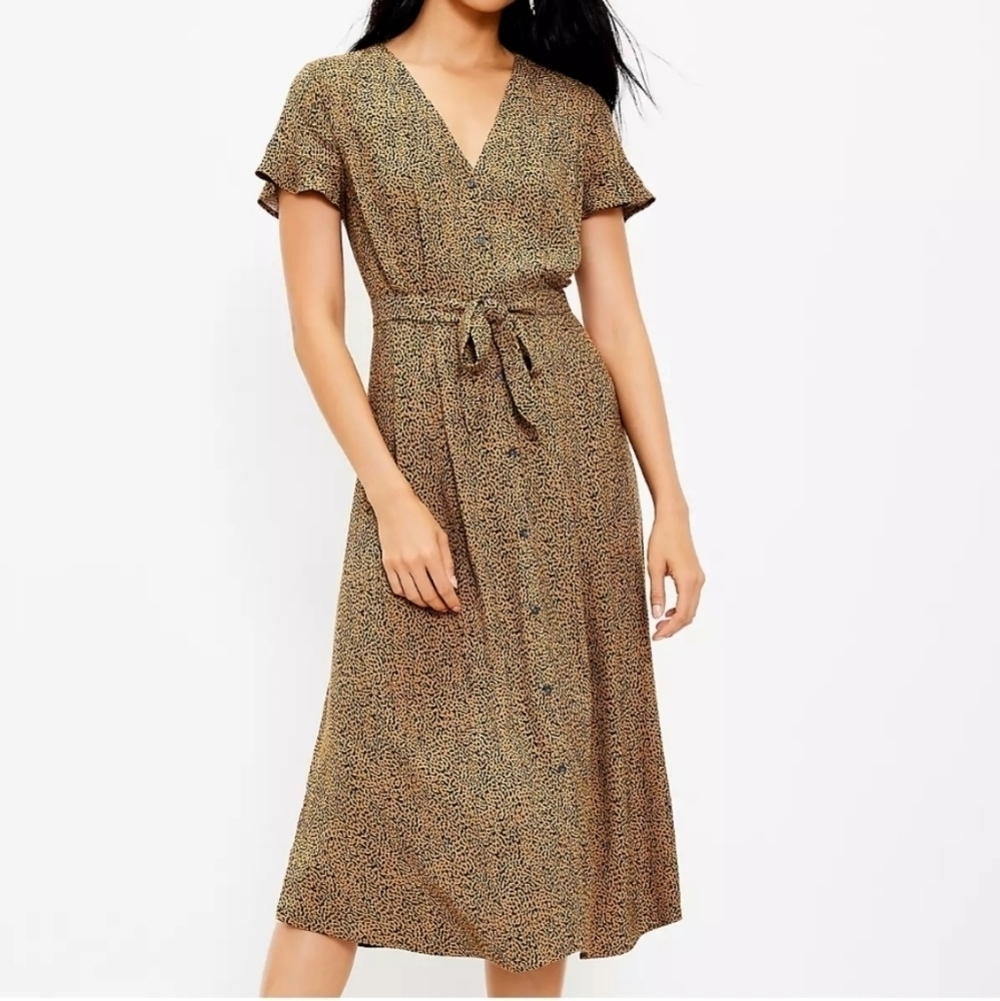 NWT Loft Petite Black & Tan Leopard Print V-neck Midi Shirt Dress Size 4P - Picture 2 of 8